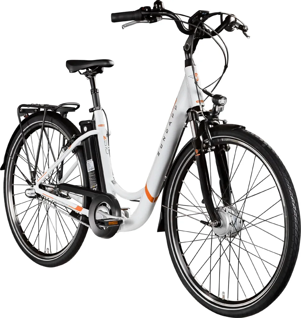 b9434817272ecfeef1e0b2cdbcf32f90 Zündapp Z510 E Bike 28 Zoll Damenfahrrad ab 155 cm mit 3 Gang Nabenschaltung und Rücktrittbremse weiß/orange – Bild 1